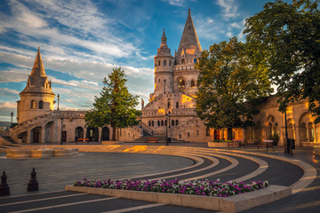 Budapest, Hungary - Morning view of the Fisherman Bastion on top of Buda Hill with beautiful lights and sky at sunrise