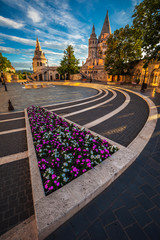 Budapest, Hungary - Morning view with flpwers of the Fisherman Bastion on top of Buda Hill with...