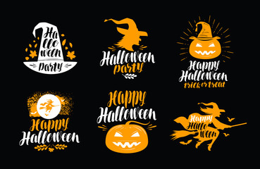 Halloween set of icons or symbols. Handwritten lettering, calligraphy vector illustration