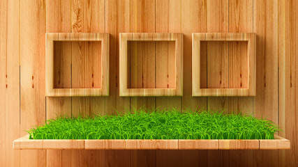 Interior grass wood background. 3d illustration, 3d rendering.