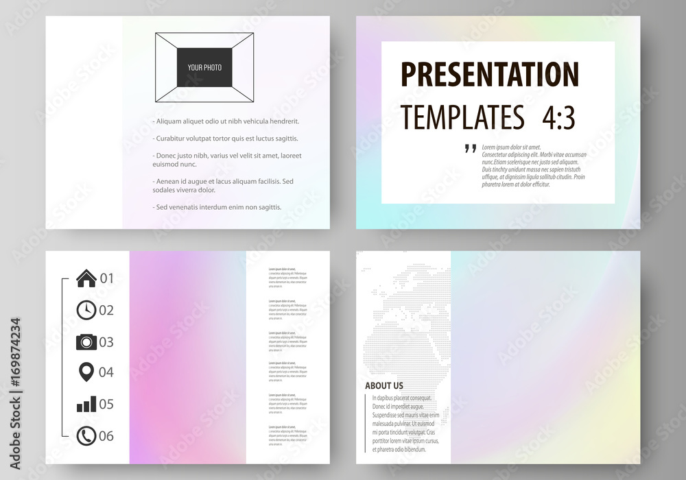 Poster Business templates for presentation slides. Abstract vector layouts in flat design. Hologram, background in pastel colors with holographic effect. Blurred colorful pattern, futuristic surreal texture.