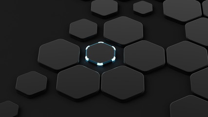 Black abstract background with hexagons and glow. 3d illustration, 3d rendering.