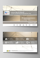 Business card templates. Easy editable layout, abstract vector design template. Technology, science, medical concept. Golden dots and lines, cybernetic digital style. Lines plexus.