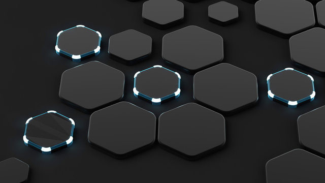 Black abstract background with hexagons and glow. 3d illustration, 3d rendering.