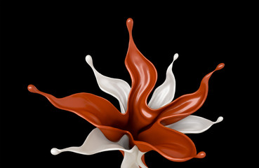 A splash of milk and chocolate flower lily orchid on a black background. 3d illustration, 3d rendering.