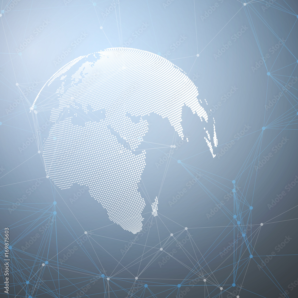 Poster white world globe with chemistry pattern, connecting lines and dots. molecule structure. scientific 