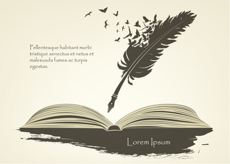 feather with flying birds and open book - obrazy, fototapety, plakaty