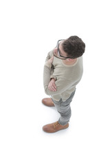 serious young man. Concept of perspective. a top view