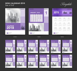 Set Purple Desk Calendar 2018 year size  6 x 8 inch template, Set of 12 Months, Week Starts Monday