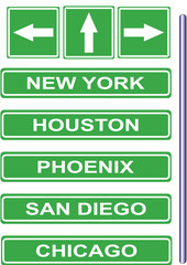 vector drawings of road signs of cities in the United States about arrow directions