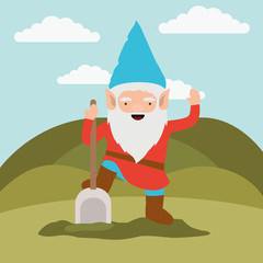 gnome fantastic character with shovel in mountain landscape background