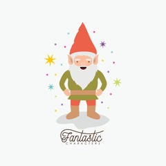 gnome fantastic character with costume and colorful sparks and stars on white background