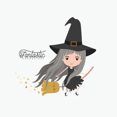 cute witch fantastic character flying in broom and colorful sparks and stars on white background