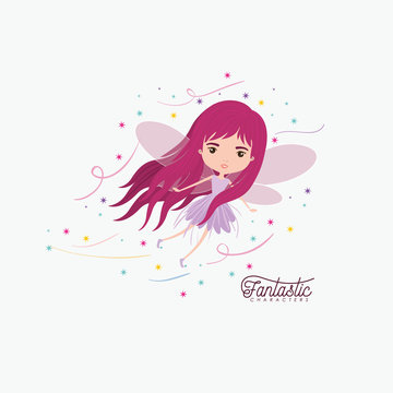 girly fairy fantastic character flying with wings and colorful sparks and stars on white background