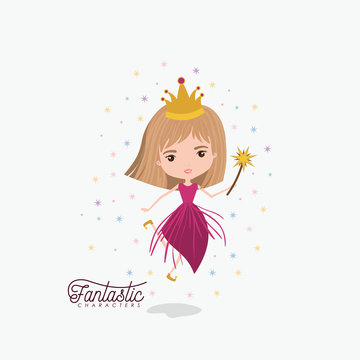 princess fairy fantastic character with crown and magic wand colorful sparks and stars on white background