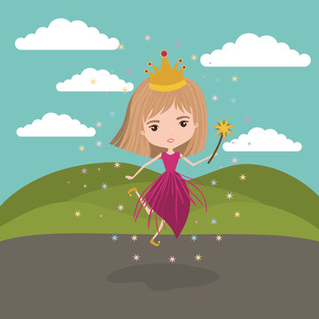 princess fairy fantastic character with crown and magic wand in mountain landscape background