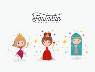girly fantastic character set of queen fairy and elf princess on white background