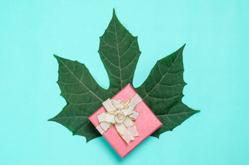 Red gift box decoration with green leaf on color background, present for giving on holidays
