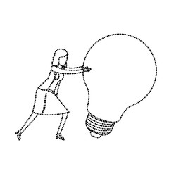 businesswoman pushing a big light bulb monochrome silhouette dotted