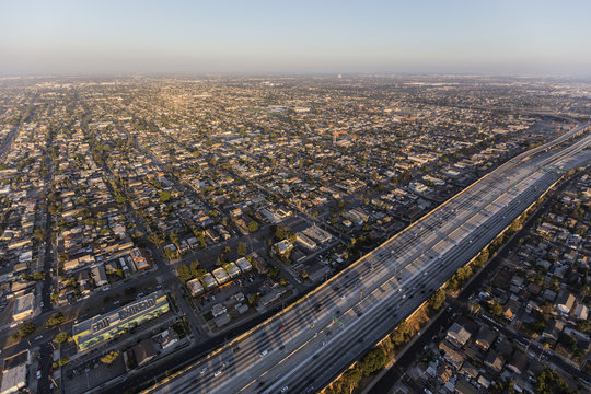 Afternoon aerial of the Harbor 110 freeway in South Los Angeles.