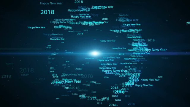 Seamless loop, loopable Animation motion background, 2018 Happy New Year text word fly in  blue circle shape light blue background.
