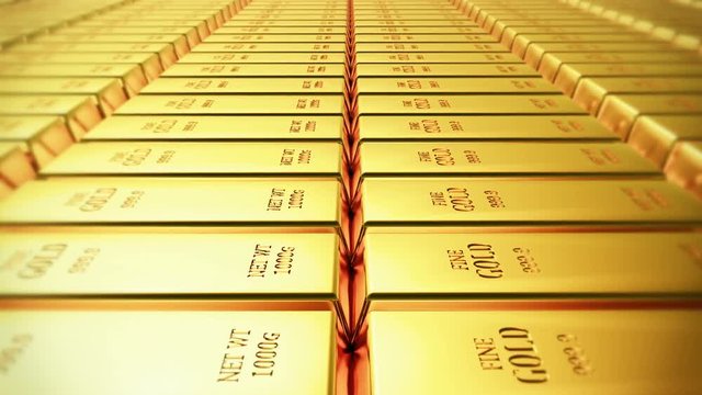 4k Gold bullion gold bars treasury wealth Ingot luxury finance goods trading,3D animation of stacked gold bars.