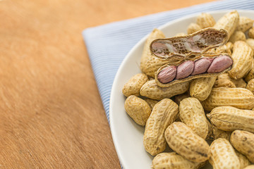close up picture of peanuts on white plate for background