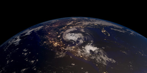 Extremely detailed and realistic high resolution 3D illustration of a hurricane approaching Texas at night. Shot from Space. Elements of this image are furnished by Nasa.