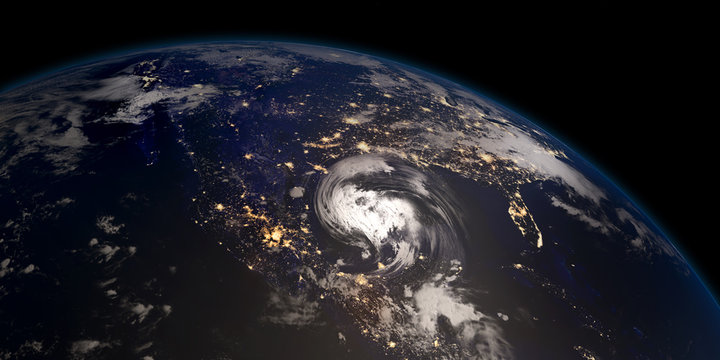 Extremely detailed and realistic high resolution 3D illustration of a hurricane approaching Texas at night. Shot from Space. Elements of this image are furnished by Nasa.