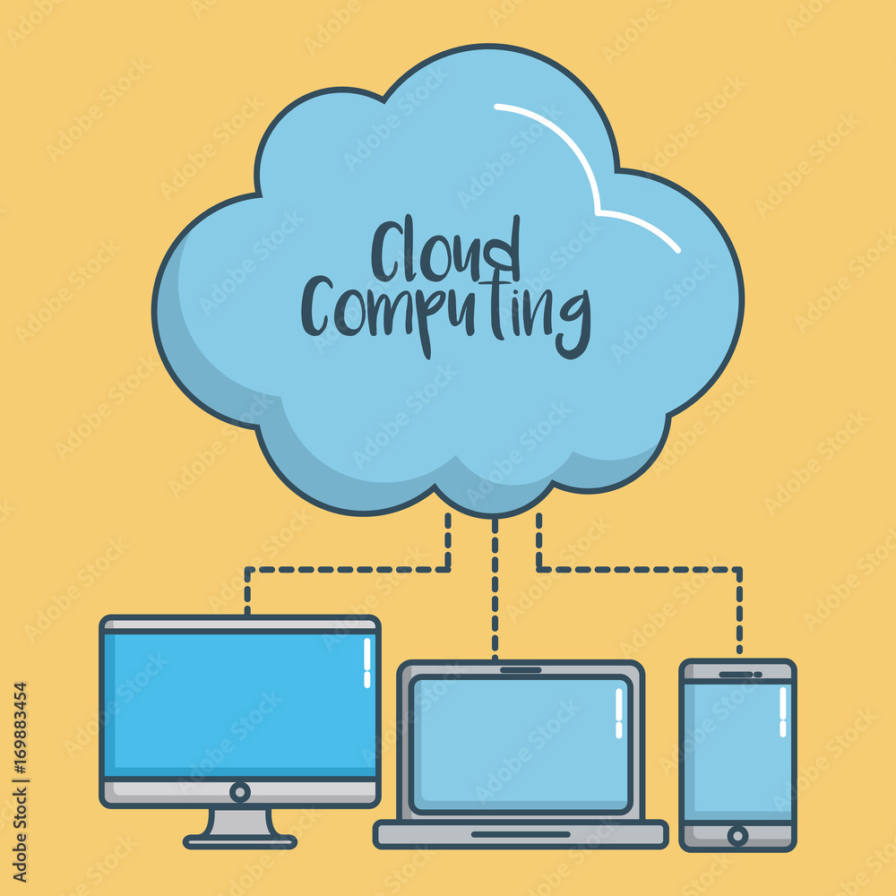 Aufkleber cloud with computers and smartphone icon over yellow background colorful design vector illustration
