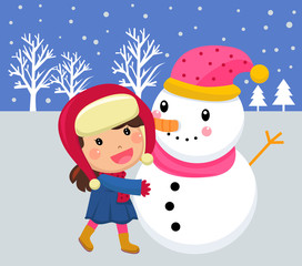 little girl and snowman