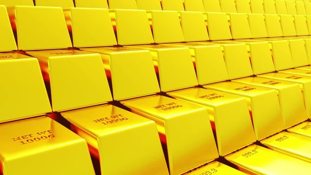 4k Gold bullion gold bars treasury wealth Ingot luxury finance goods trading,3D animation of stacked gold bars.