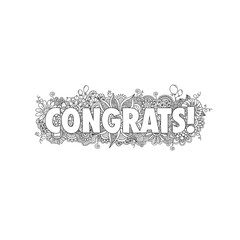 Congratulations doodle vector illustration with the word congrats! surrounded by swirls, flowers, mandalas, balloons and curls.