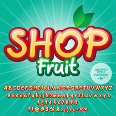 Modern vector alphabet set. Font with text Shop Fruit. Contains graphic style.