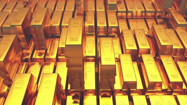 4k Gold bullion gold bars treasury wealth Ingot luxury finance goods trading,3D animation of stacked gold bars.