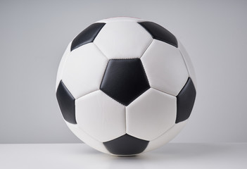 Soccer or football ball close up image on light grey background.