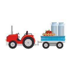 Farm tractor with carriage transport milk and apples vector illustration design