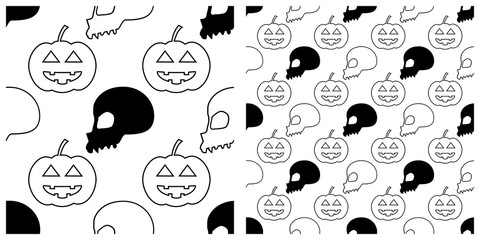 Seamless of Halloween pattern on transparent background. Single pattern is shown in the left. The example of assembly seamless is shown in the right.  