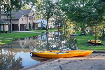 Flooded streets of Houston and boats on them. Consequences of the Hurricane, Texas, USA