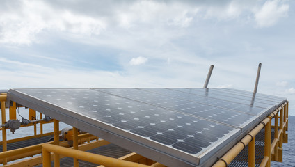 Close-up of Solar energy panel photovoltaics module in the sea offshore / Solar energy is Clean...