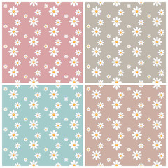 Set of seamless white daisy flowers patterns, vector illustration.