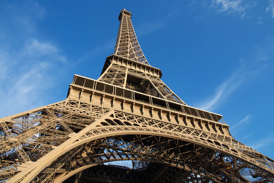 View of the detail of the Eiffel Tower in Paris. France. The Eiffel Tower was constructed from 1887-1889 as the entrance to the 1889 World's Fair by engineer Gustave Eiffel.