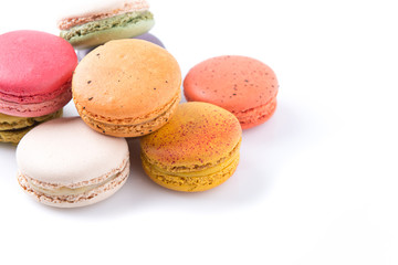 Colorful macaroons. Sweet macarons on white background.