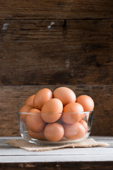 Organic eggs on wood. Fresh eggs.