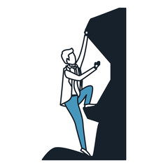 businessman trying to climb to the top of rock in color blue sections silhouette