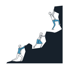 business people trying to climb to the top of rock mountain in color blue sections silhouette