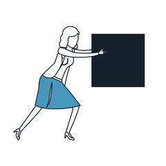 business woman holding a square block color blue sections silhouette