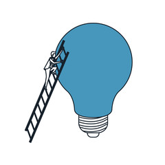 businessman climbing wooden stairs in a big light bulb color blue sections silhouette
