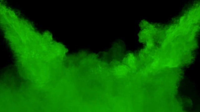 Animated streams of green toxic smoke filling up whole screen against black background in 4k. Two flow sources. Radioactive, uranium or chemical pollution. Mask included.