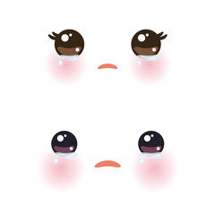 Kawaii funny muzzle with pink cheeks and big eyes Cute Cartoon Crying Face on white background. Vector